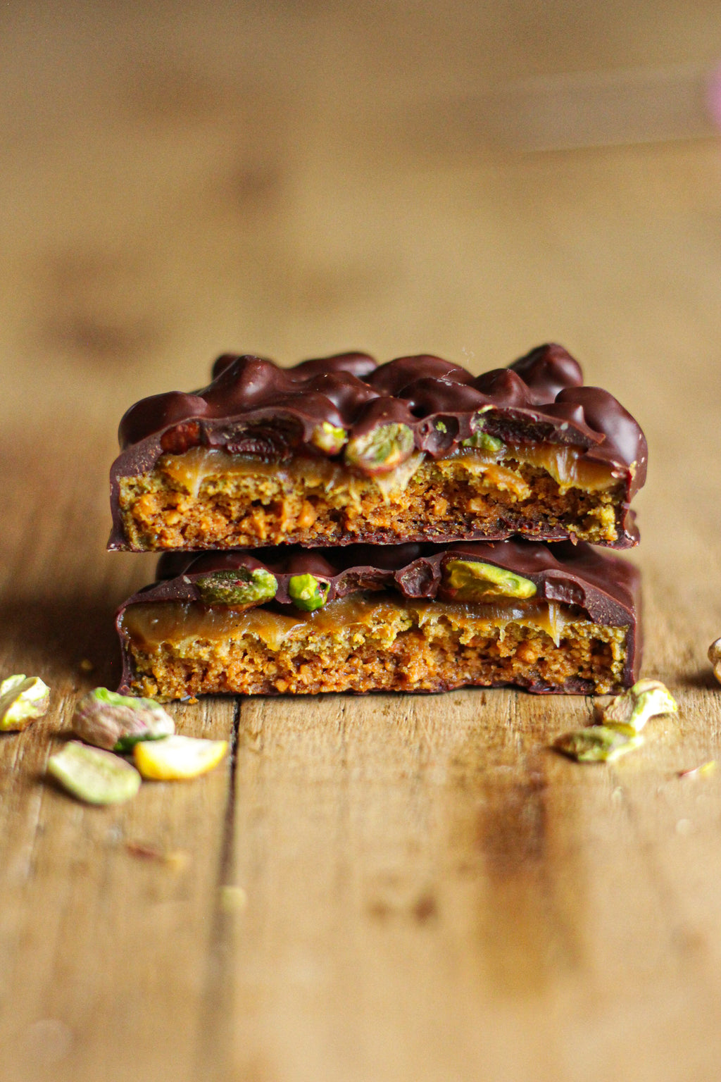 Carré goûter chocolat noir, pistache, caramel